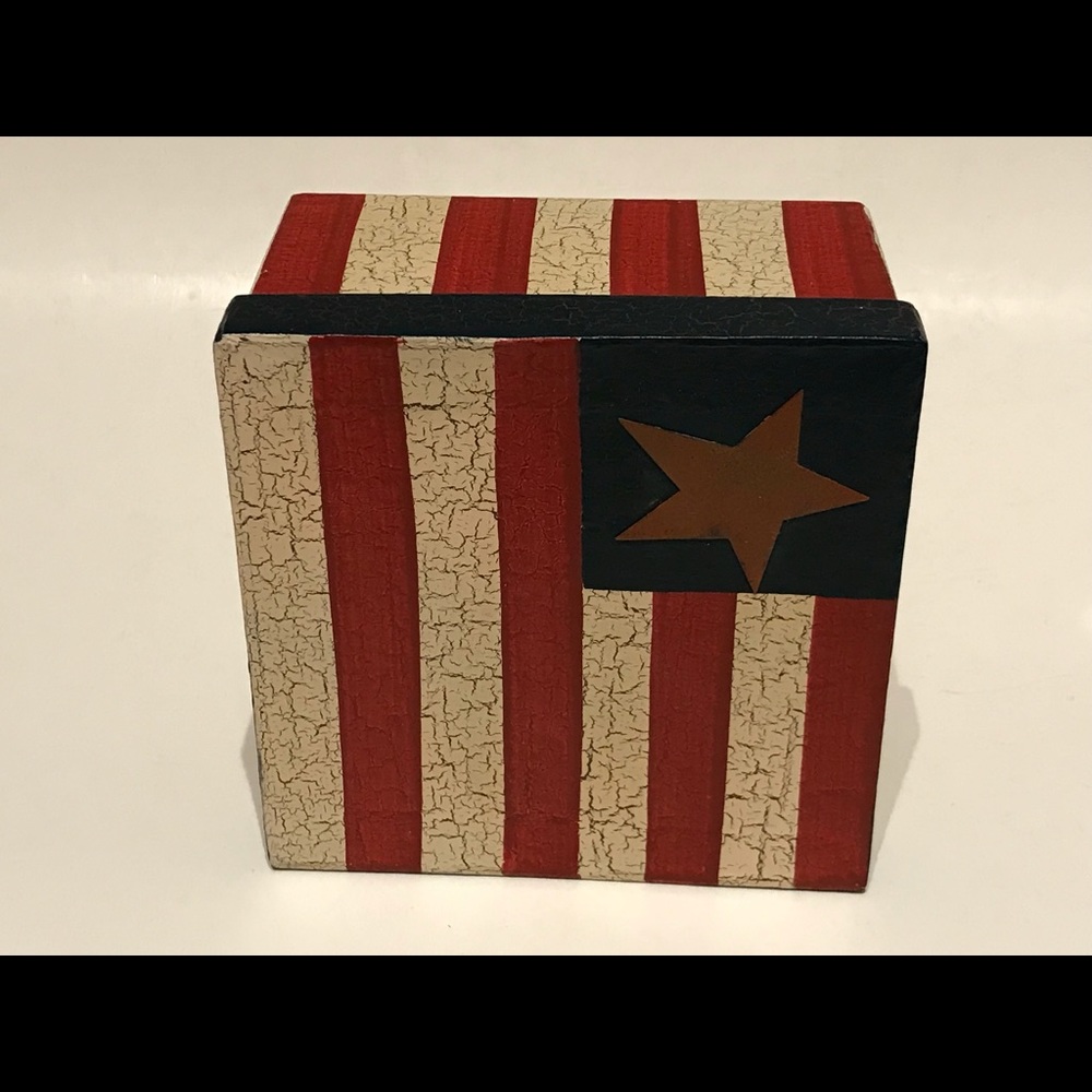 Primitive Old Glory Americana Flag Star Stripes Decorative covered Storage 6”sq